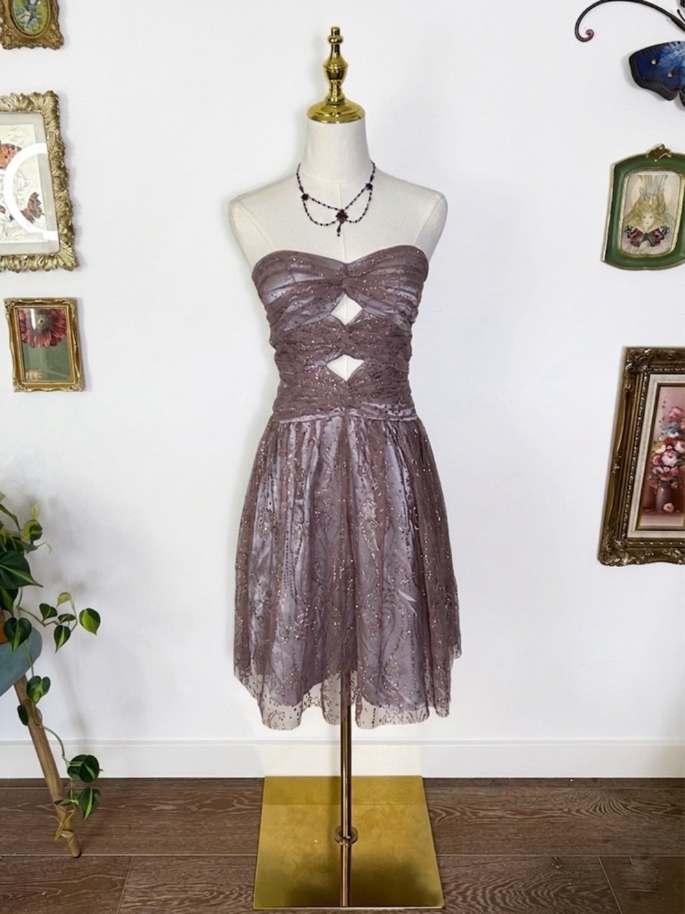 Adrianna Papell Mauve Glitter Tulle Strapless Flare Mini Dress Cutout Size 2 NWT